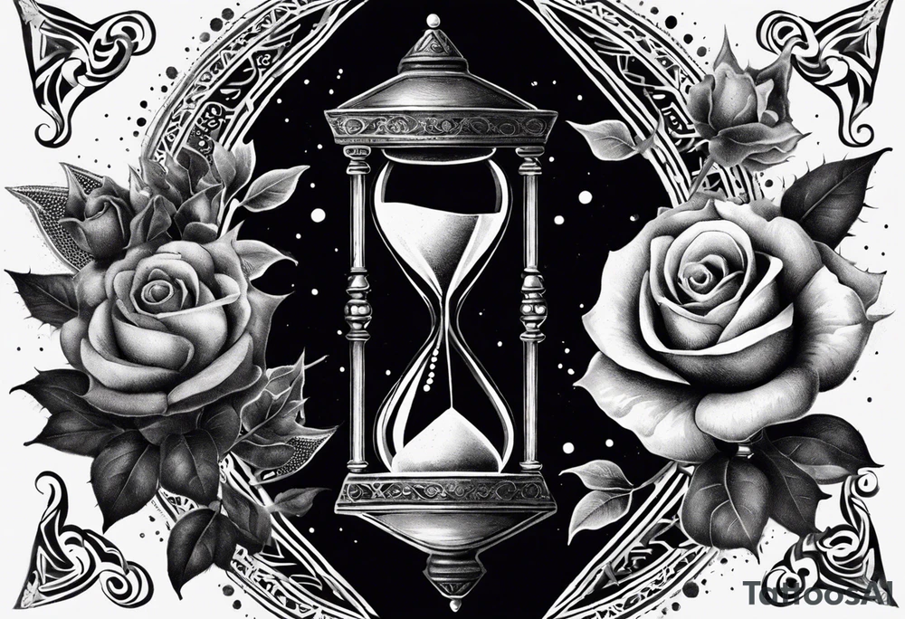 I want a design for printing on t-shirts, the design is an hourglass with a hand clock in the middle with Amazigh numbers, and these two main elements are mixed with thorny roses and planets tattoo idea