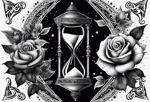 I want a design for printing on t-shirts, the design is an hourglass with a hand clock in the middle with Amazigh numbers, and these two main elements are mixed with thorny roses and planets tattoo idea