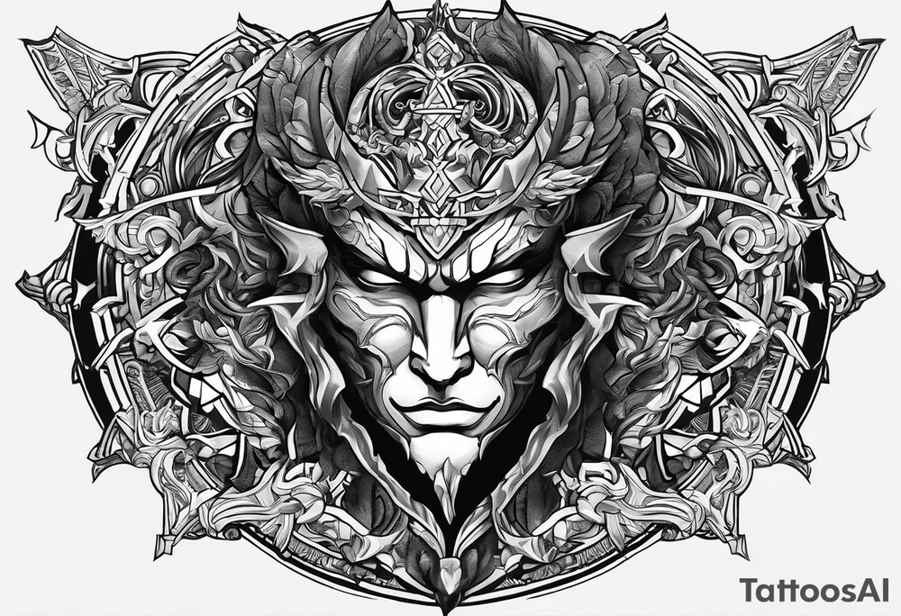 I want a minimalist design of the battle I face between good and evil. God vs the devil , good vs evil , indulgence vs discipline. 2 sides of the one coin that is my personality.  Use symbols as opposed to sketches tattoo idea
