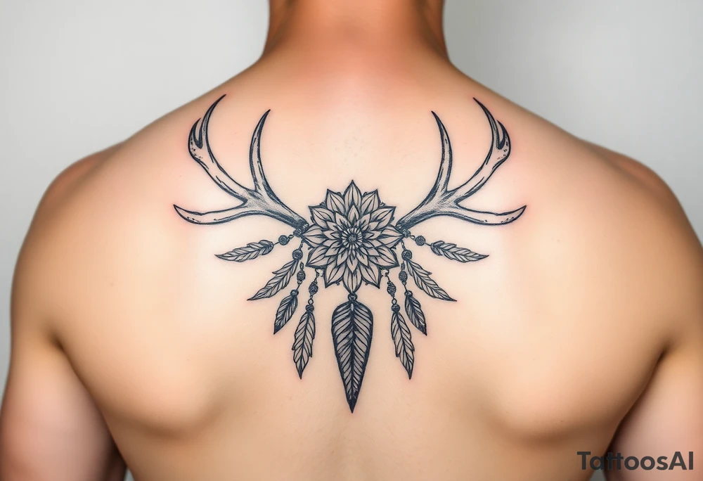Deer antlers with dreamcatcher and Flower tattoo idea