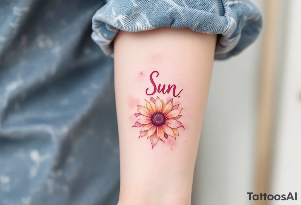 Word "Sun" written vertical with small sunflower in pink tattoo idea