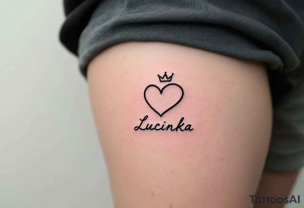 A minimal black line heart with a tiny crown above the name Lucinka. tattoo idea