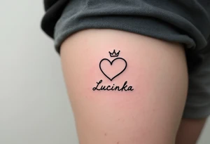 A minimal black line heart with a tiny crown above the name Lucinka. tattoo idea