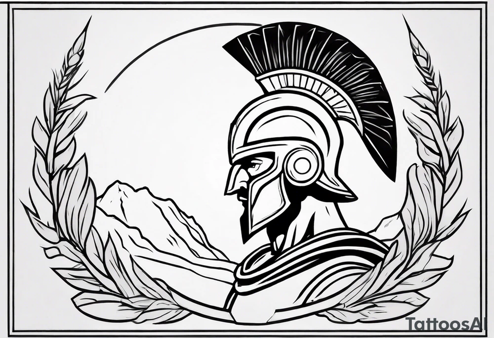 rectangular landscape format ultra-fine line linework vector of a spartan from the side, spartan spear, spartan shield, laurel wreath tattoo idea
