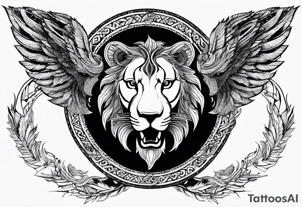 Ouroboros with in center a lion with burned wings tattoo idea