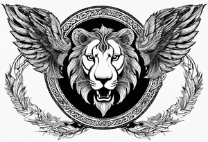 Ouroboros with in center a lion with burned wings tattoo idea