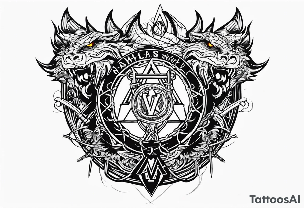 Valhalla sword shield dragon axe Valknut barbed wire chains fire tattoo idea Valhalla sword shield dragon axe Valknut barbed wire chains fire tattoo idea