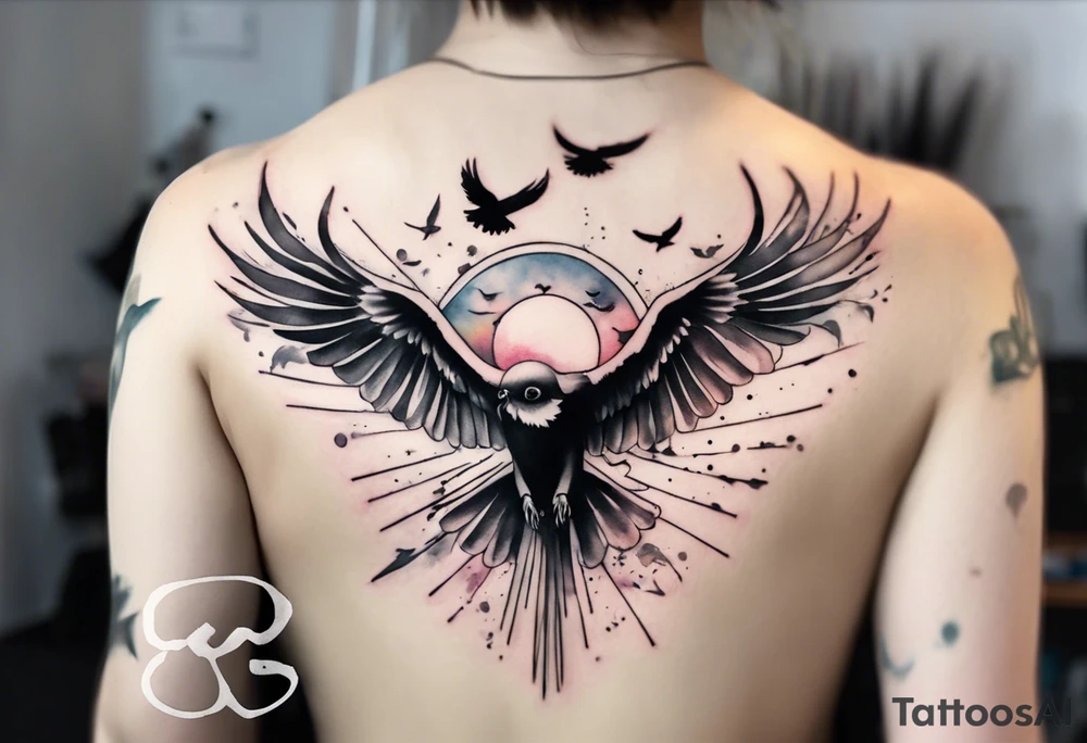 a shoulder tattoo with lots of rays of light in gradient starting from the middle
, clouds and birds flying free tattoo idea