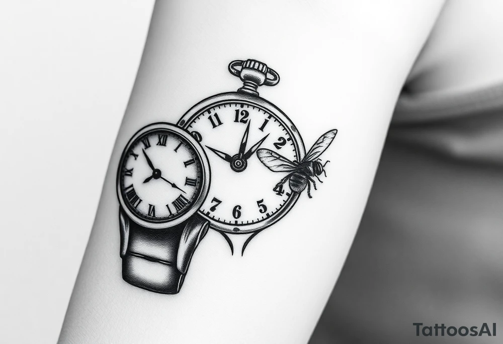 Imaginez un tatouage noir et blanc pour l'avant bras avec horloge affichant 6h40, avec  le Colisé en arrière plan du tatouage  un gladiateur avec une abeille sur le bouclier  une carte de la Corse tattoo idea