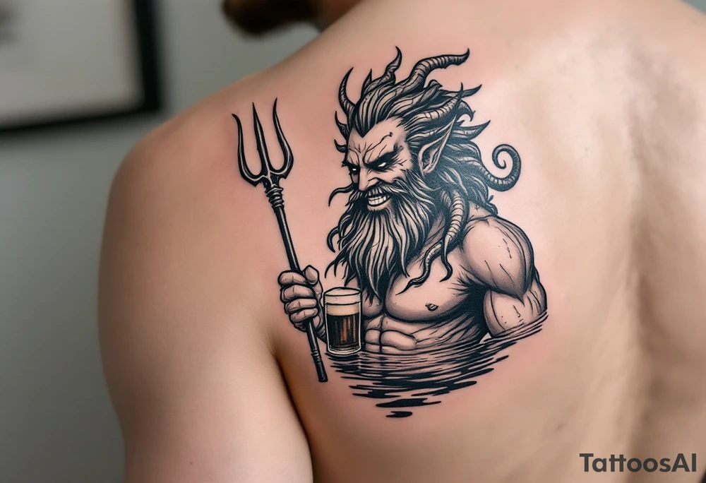smiling poseidon, with a trident, in calm water, holding a beer tattoo idea