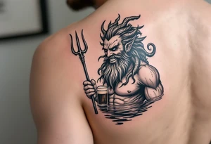 smiling poseidon, with a trident, in calm water, holding a beer tattoo idea