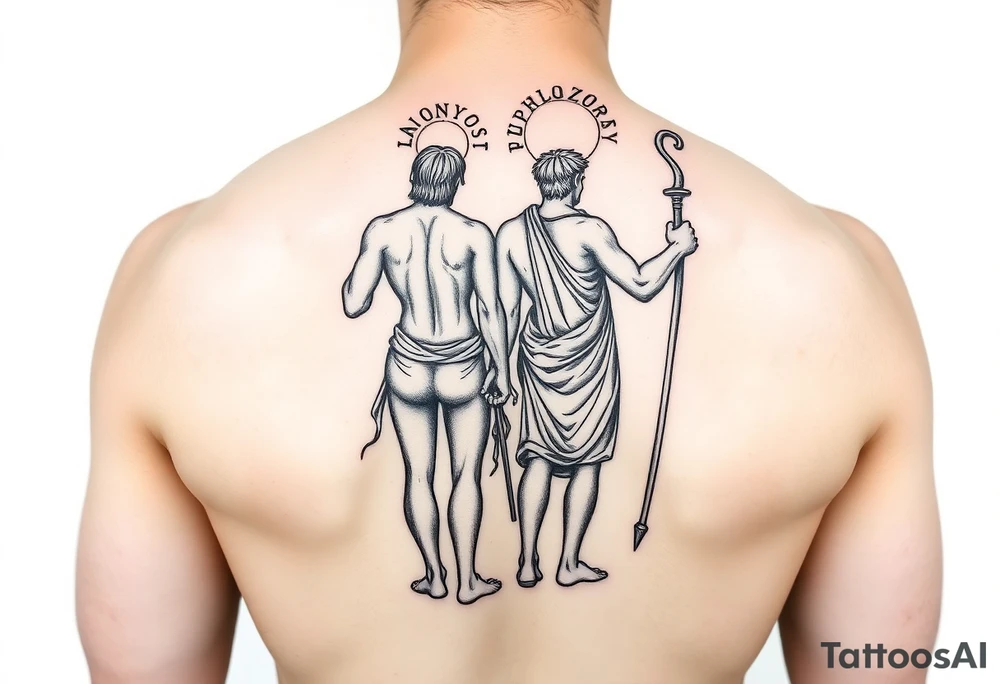 dionysos and apollo standing back on back tattoo idea