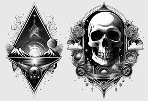 half sleeve tattoo including chemistry, skulls, roller coaster track, space and stars tattoo idea