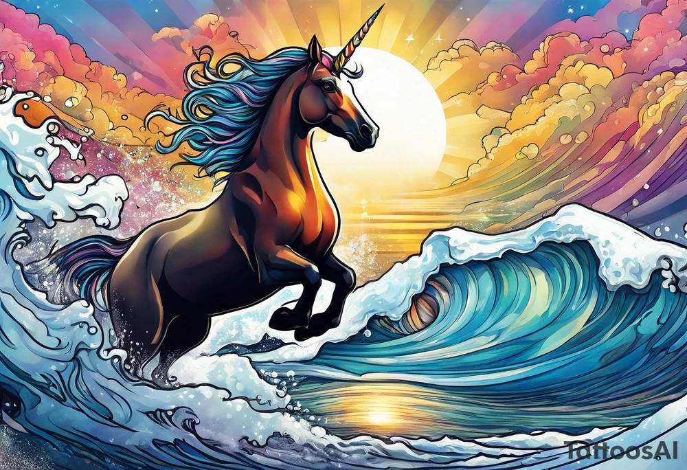 Unicorn jumping over a penguin with the sun tattoo idea