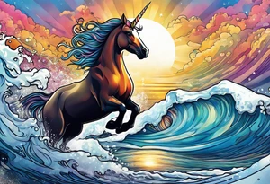Unicorn jumping over a penguin with the sun tattoo idea