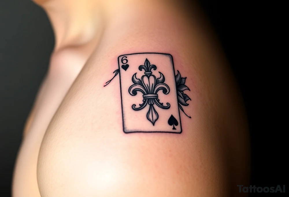 6 of hearts card with fleur de lis as the hearts and magnolias in the background tattoo idea