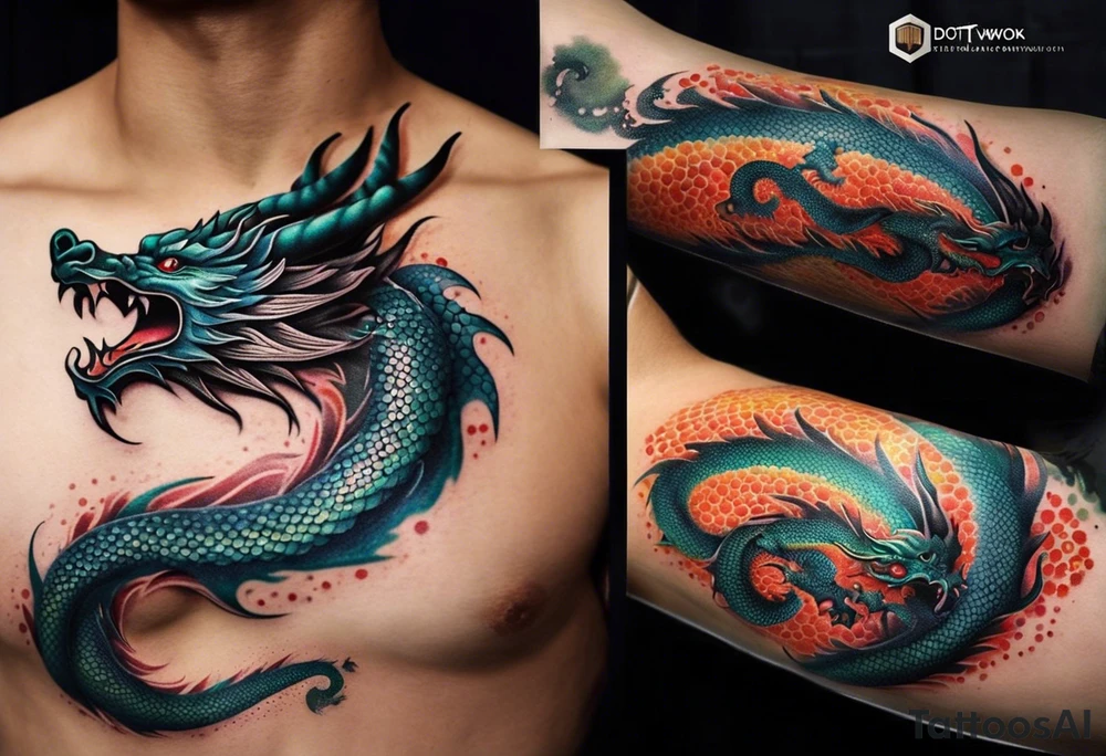 An epic floating asian dragon. Its long body coiling dynamically, with scales and horns detailed to create a sense of movement and strength. The dragon's color is giving a vibrant depth and a mystical aura. This tattoo highlights the dragon’s fierce expression and sharp claws. tattoo idea