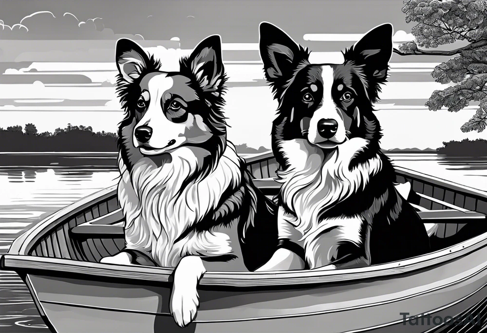 two dogs in a boat. One dog is tan with big ears like a chihuahua. The other dog is black and white and looks like an australian shepherd with floppy ears tattoo idea