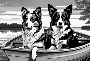 two dogs in a boat. One dog is tan with big ears like a chihuahua. The other dog is black and white and looks like an australian shepherd with floppy ears tattoo idea