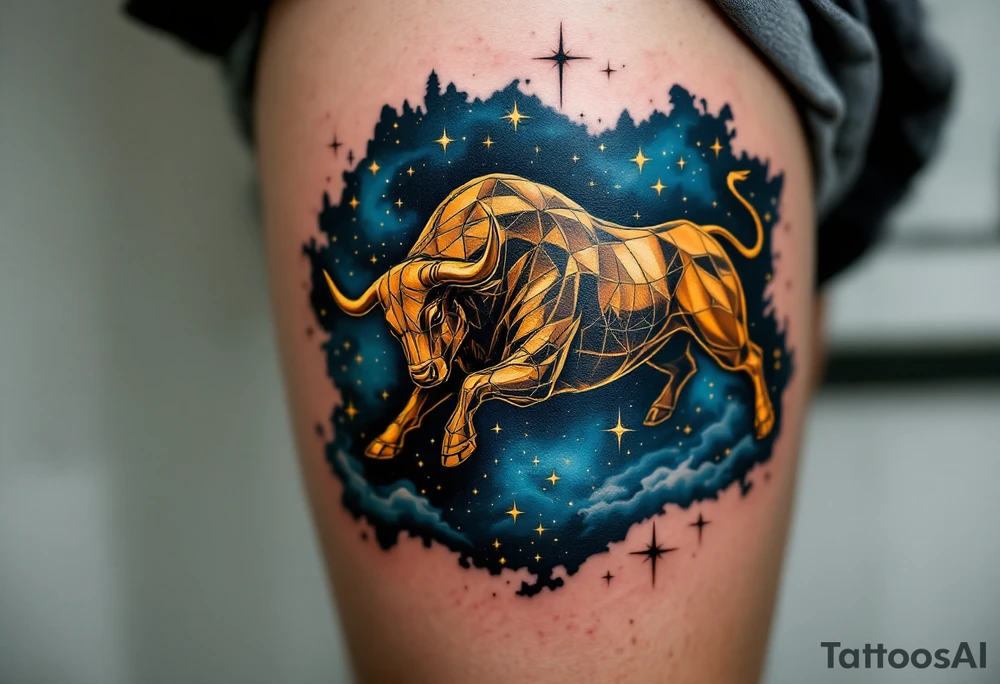 The Taurus star constellation of golden bull charging through a velvet-blue night. tattoo idea