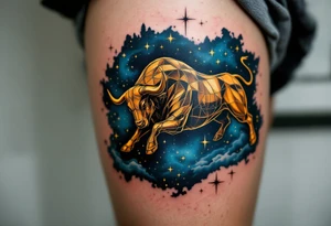 The Taurus star constellation of golden bull charging through a velvet-blue night. tattoo idea