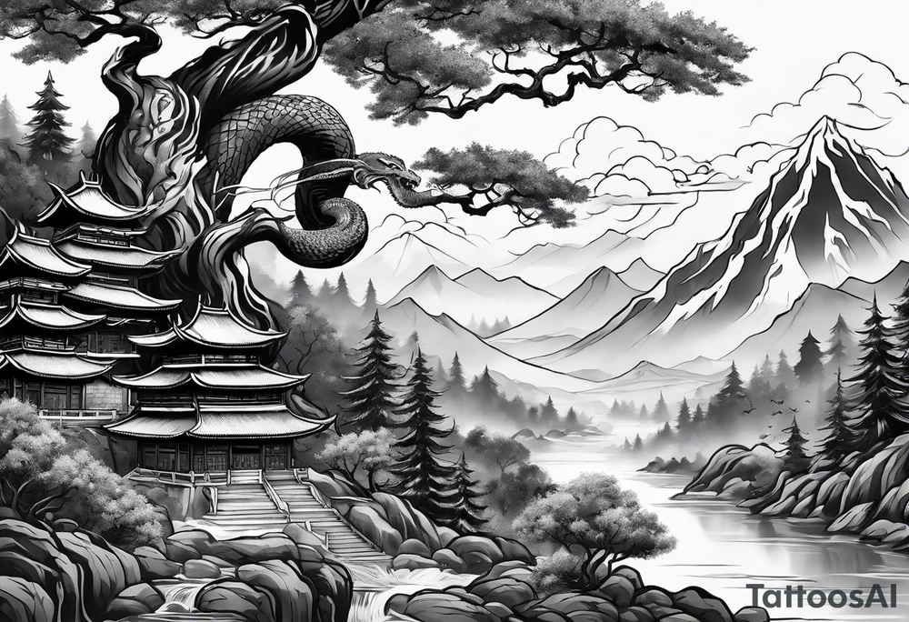 Full arm sleeve, tree going up to shoulder dead tree going down to wrist, wrapped in a serpent moving down with mountain, water, and demon tattoo idea