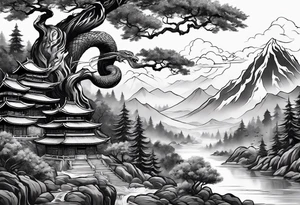 Full arm sleeve, tree going up to shoulder dead tree going down to wrist, wrapped in a serpent moving down with mountain, water, and demon tattoo idea