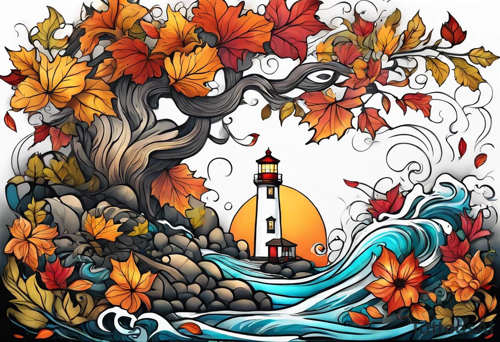 Arm sleeve with fall colors, various flowers, water flow, water splash, light house tattoo idea