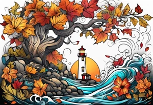 Arm sleeve with fall colors, various flowers, water flow, water splash, light house tattoo idea