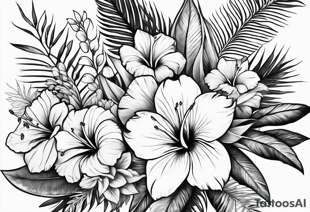 Hawaiian flowers in a straight line with words in middle tattoo idea