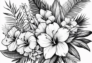 Hawaiian flowers in a straight line with words in middle tattoo idea