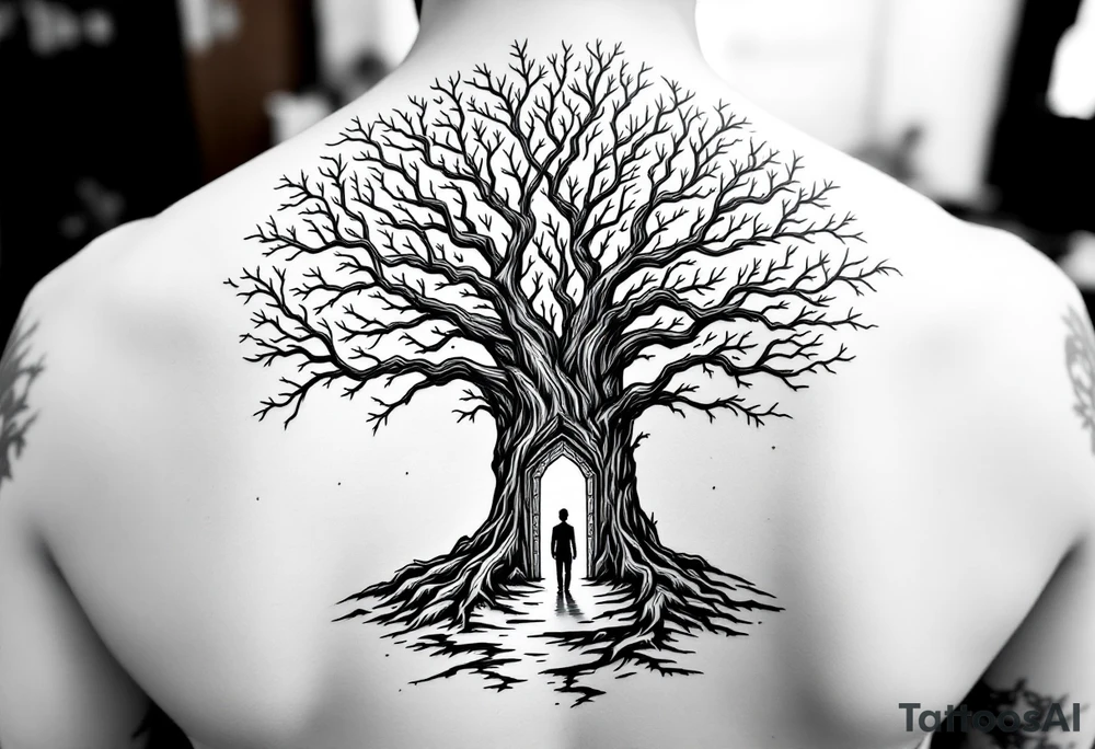 Back tattoo of a big tree with a door and a man walking through the door tattoo idea