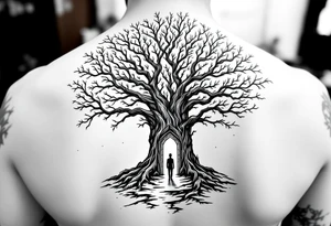 Back tattoo of a big tree with a door and a man walking through the door tattoo idea