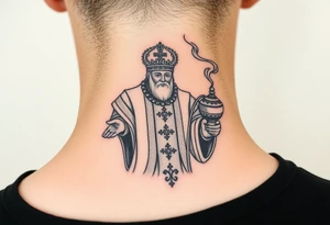 Russian Orthodox Priest in fully detailed vestment swinging a censer with smoke curling upward tattoo idea