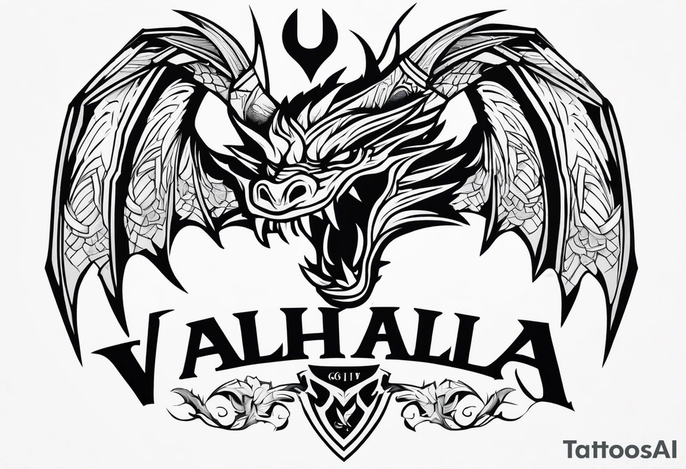Valhalla sword shield dragon head axe tattoo idea