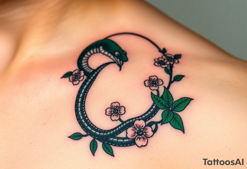 A dark green Ouroboros snake in cyrcle intertwined with vines and blooming flowers, symbolizing the cycle of life and growth. tattoo idea