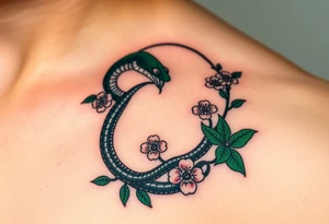 A dark green Ouroboros snake in cyrcle intertwined with vines and blooming flowers, symbolizing the cycle of life and growth. tattoo idea