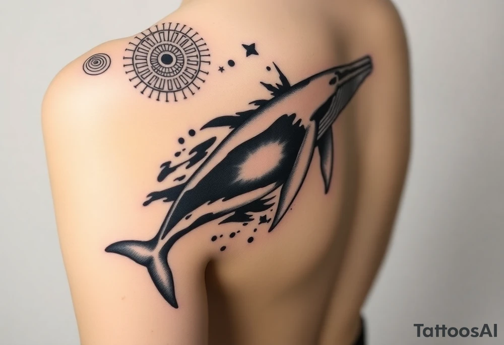“A realistic-style humpback whale swimming forward across the upper bicep, with its tail transitioning into abstract brushstrokes and artistic smudges. Background includes sacred geometric shapes (circles, triangles, lines) integrated subtly, and a detailed Maori/Polynesian tribal tattoo only on the shoulder area. Add expressive blue calligraphic scribbles – more like ink gestures than text. tattoo idea