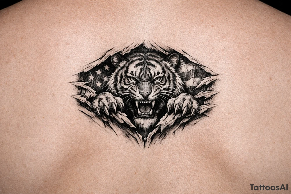 Tiger ripping throught the chest with the American Flag in the background. Almost like the Amercian Flag is the blood of the body. tattoo idea