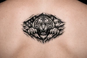 Tiger ripping throught the chest with the American Flag in the background.  Almost like the Amercian Flag is the blood of the body. tattoo idea