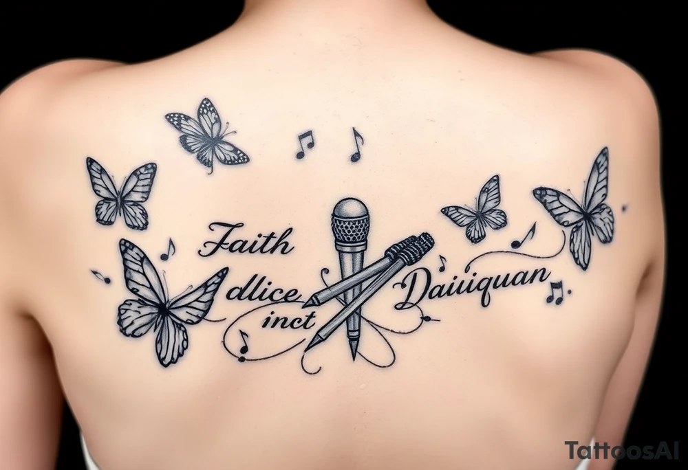 Names: Faith Alice Ida Daiquan surrounded with butterflies, musical notes, needle and thread, microphone and drumsticks tattoo idea