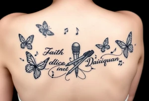 Names: Faith Alice Ida Daiquan surrounded with butterflies, musical notes, needle and thread, microphone and drumsticks tattoo idea