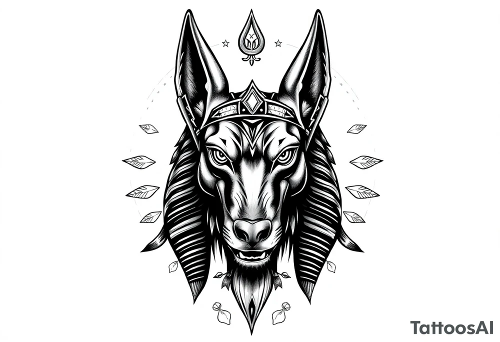 Egyptian Anubis god face muscle in Egypt style dog face surrounded Egyptian symbols based on elements tattoo idea