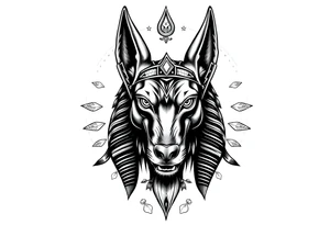 Egyptian Anubis god face muscle in Egypt style dog face surrounded Egyptian symbols based on elements tattoo idea