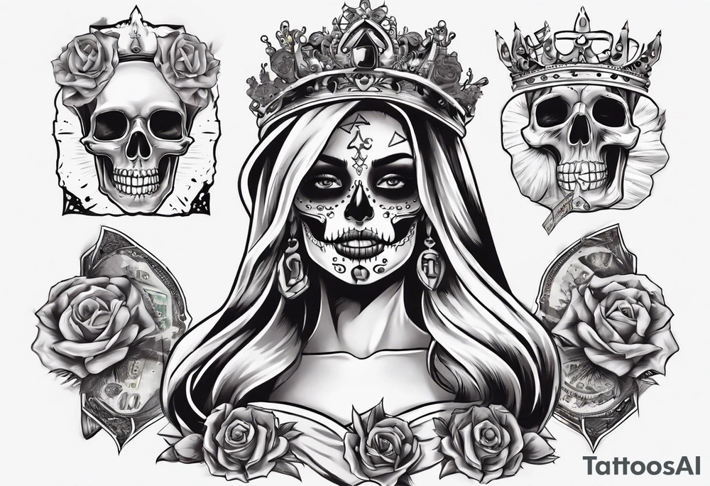 santa la muerta with money and crown
on the card tattoo idea