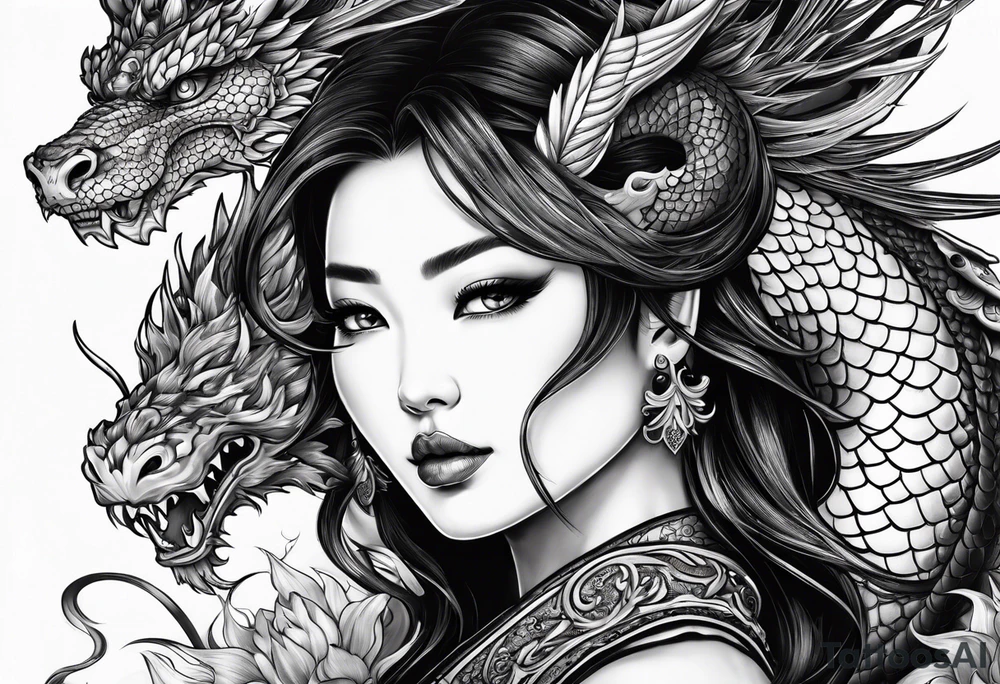 large warrior nymph with dragon tattoo idea