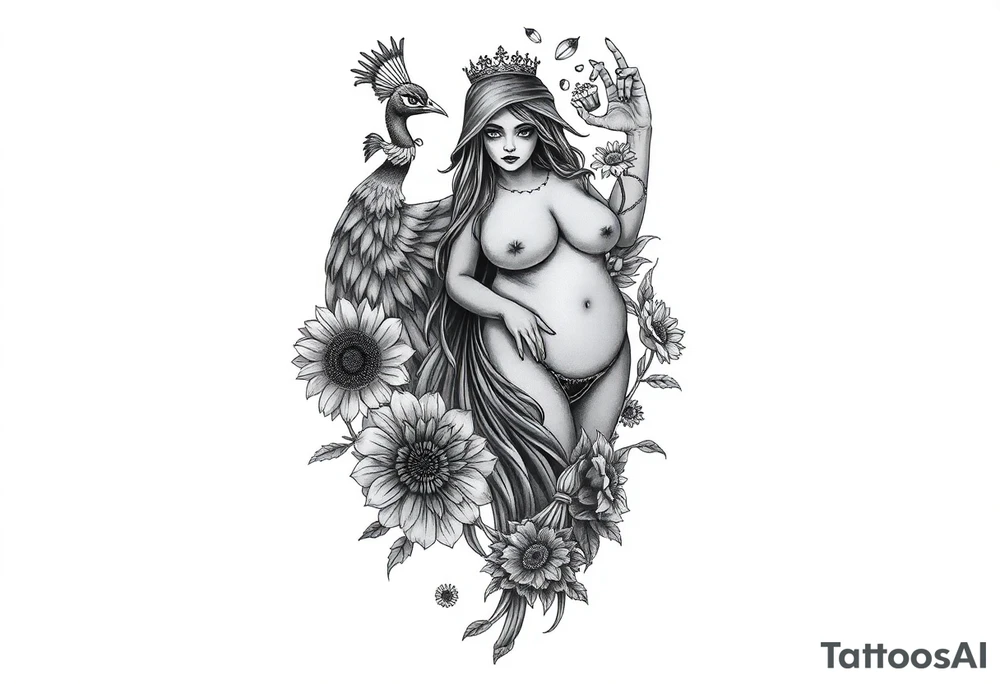 Storm, darkness, seven deadly sins, fat naked woman, peacock, dead sunflower and rosesflowers, razor blades, noose, couple having sex , cupcake ,cigerettes storm clouds tattoo idea