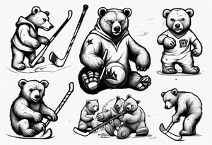 Baby bear playing hockey in front of papa bear and mama bear tattoo idea