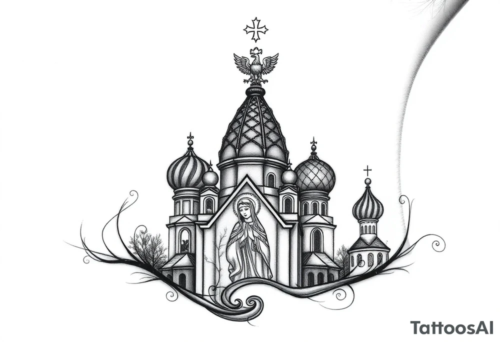 Flowing Scene

A onion domes orthodox church
Virgin Mary in prayer pose wrapping around the lower neck curve
A small double headed russian coat of arms eagle or just the star tucked above the dome near the hairline tattoo idea