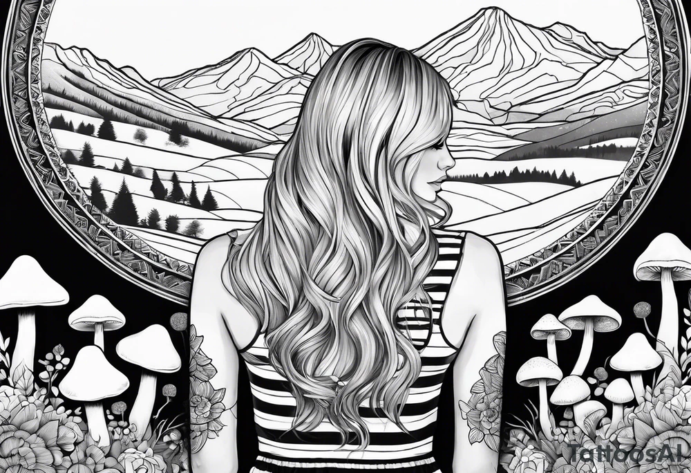 Straight blonde hair girl holding mushrooms in hand facing away toward mountains surrounded by mushrooms mandala circular design black and white striped dress tattoo idea
